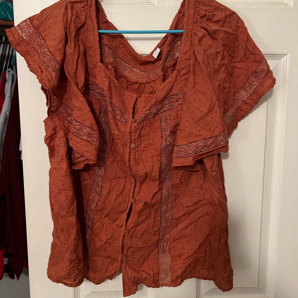 Oversized Clip-Dot Crochet-Lace Button-Front Blouse- Old Navy